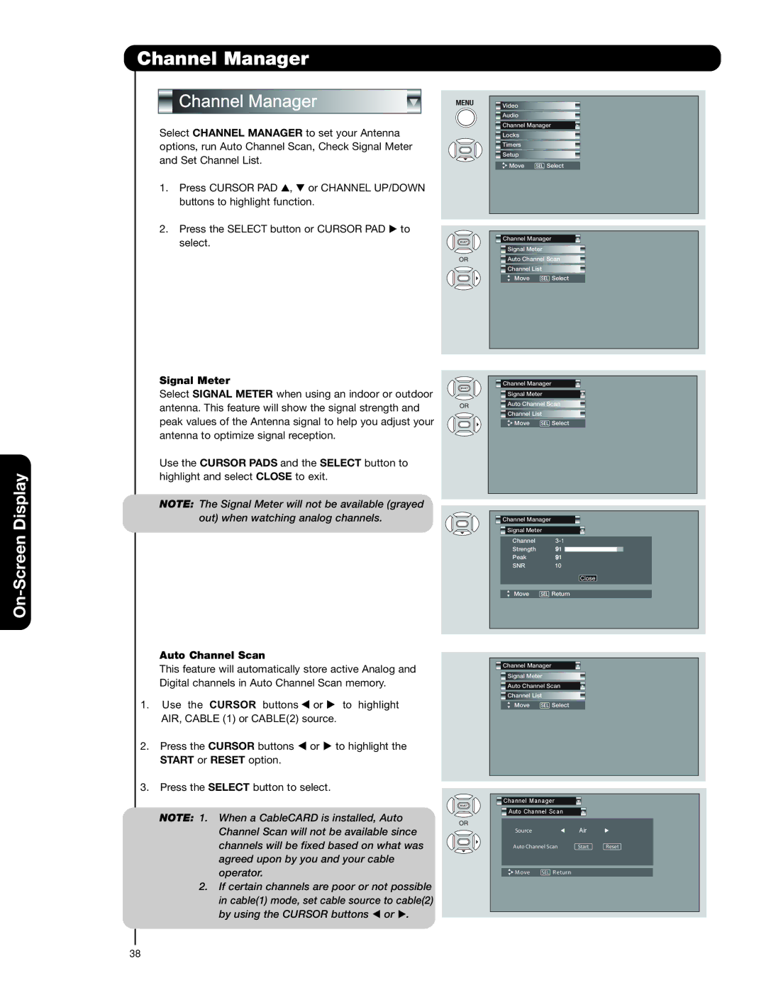 Hitachi 50VS69A 55VS69A Channel Manager, Signal Meter, Auto Channel Scan, Start or Reset option 