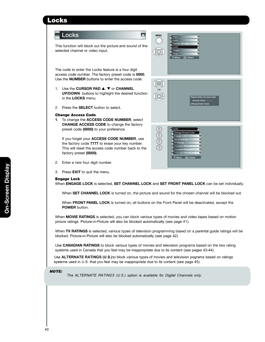 Hitachi 50VS69A 55VS69A important safety instructions Locks, Change Access Code 