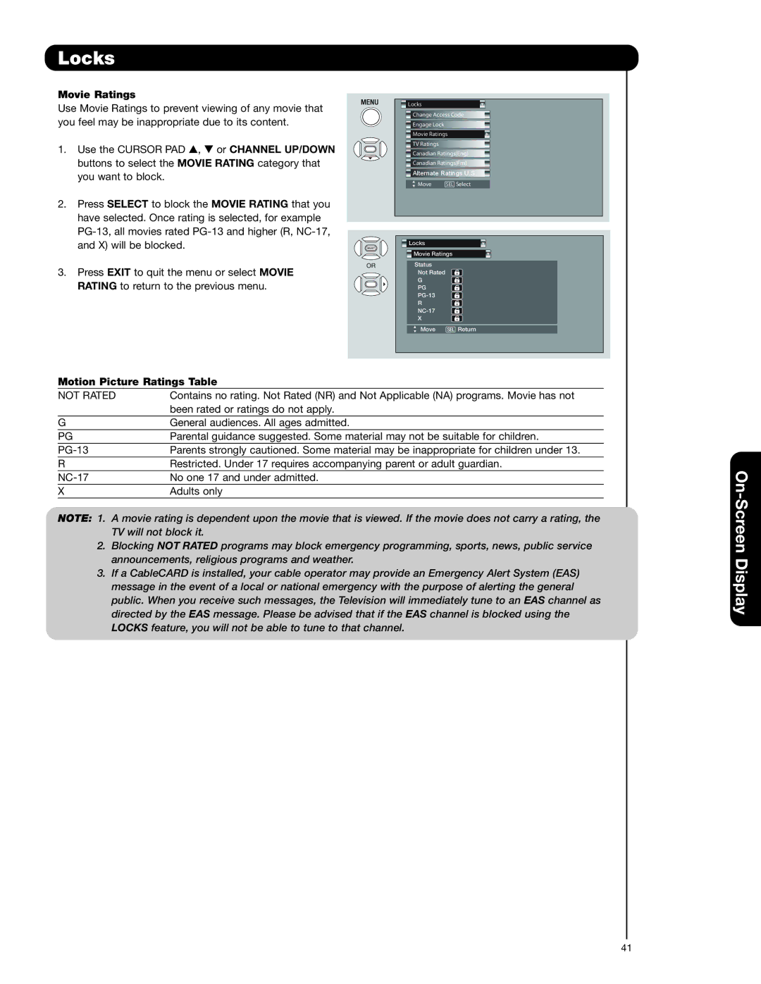 Hitachi 50VS69A 55VS69A important safety instructions Movie Ratings, Motion Picture Ratings Table 