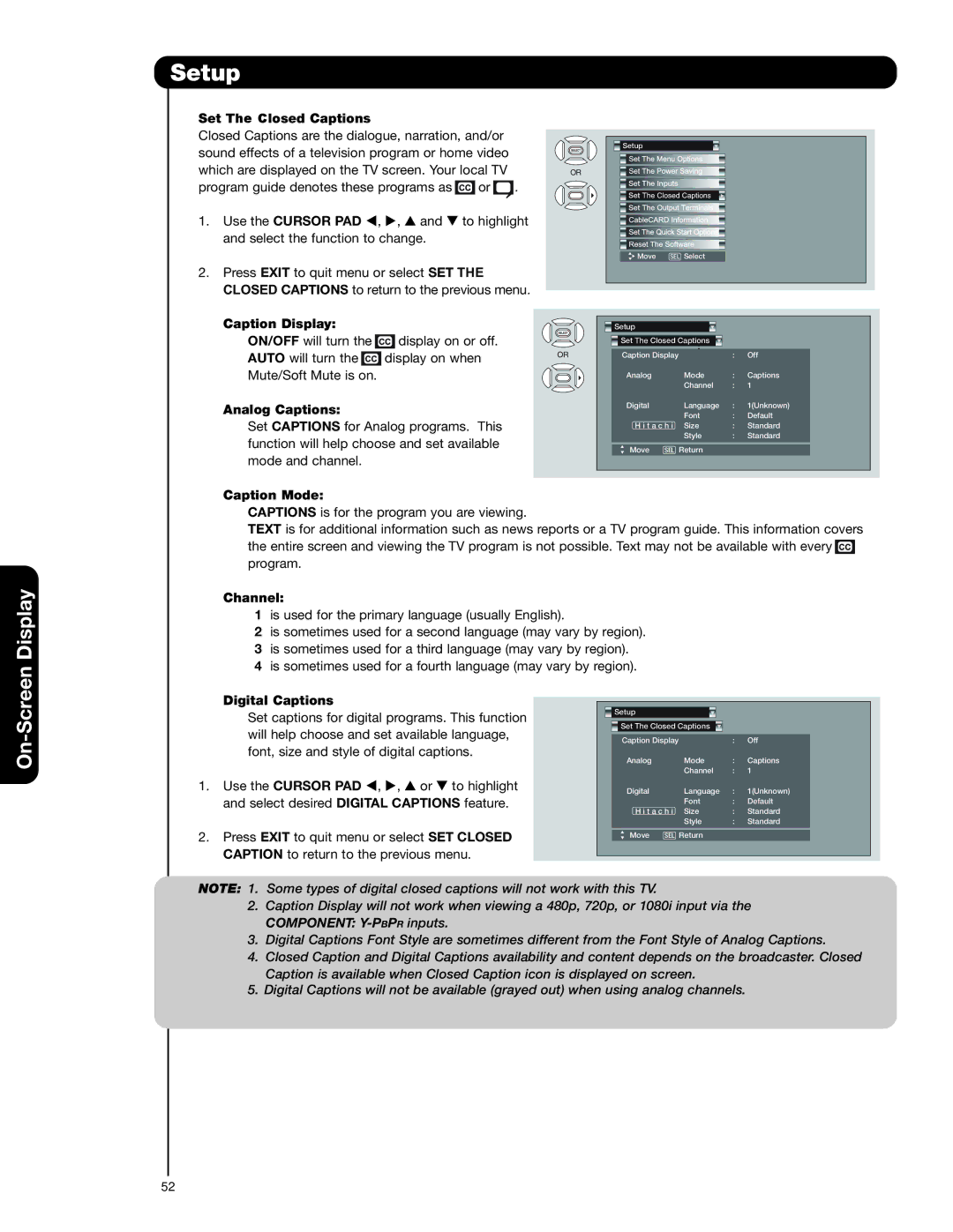 Hitachi 50VS69A 55VS69A Set The Closed Captions, Caption Display, Analog Captions, Caption Mode, Channel 