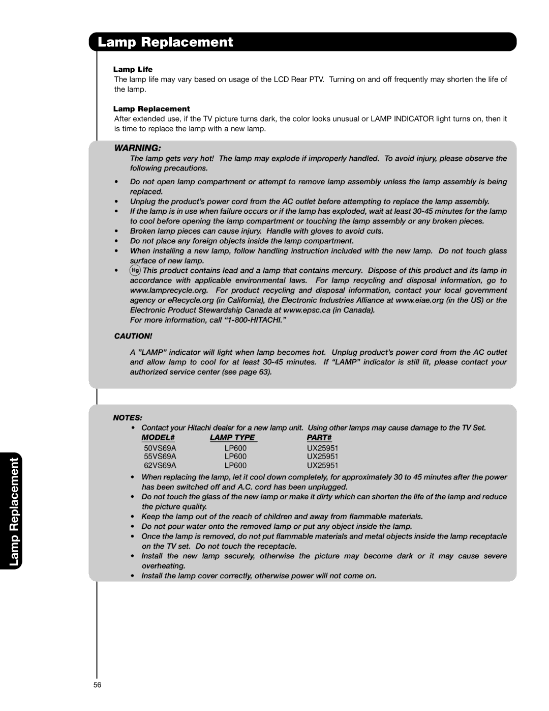 Hitachi 50VS69A 55VS69A important safety instructions Lamp Replacement, Lamp Life 