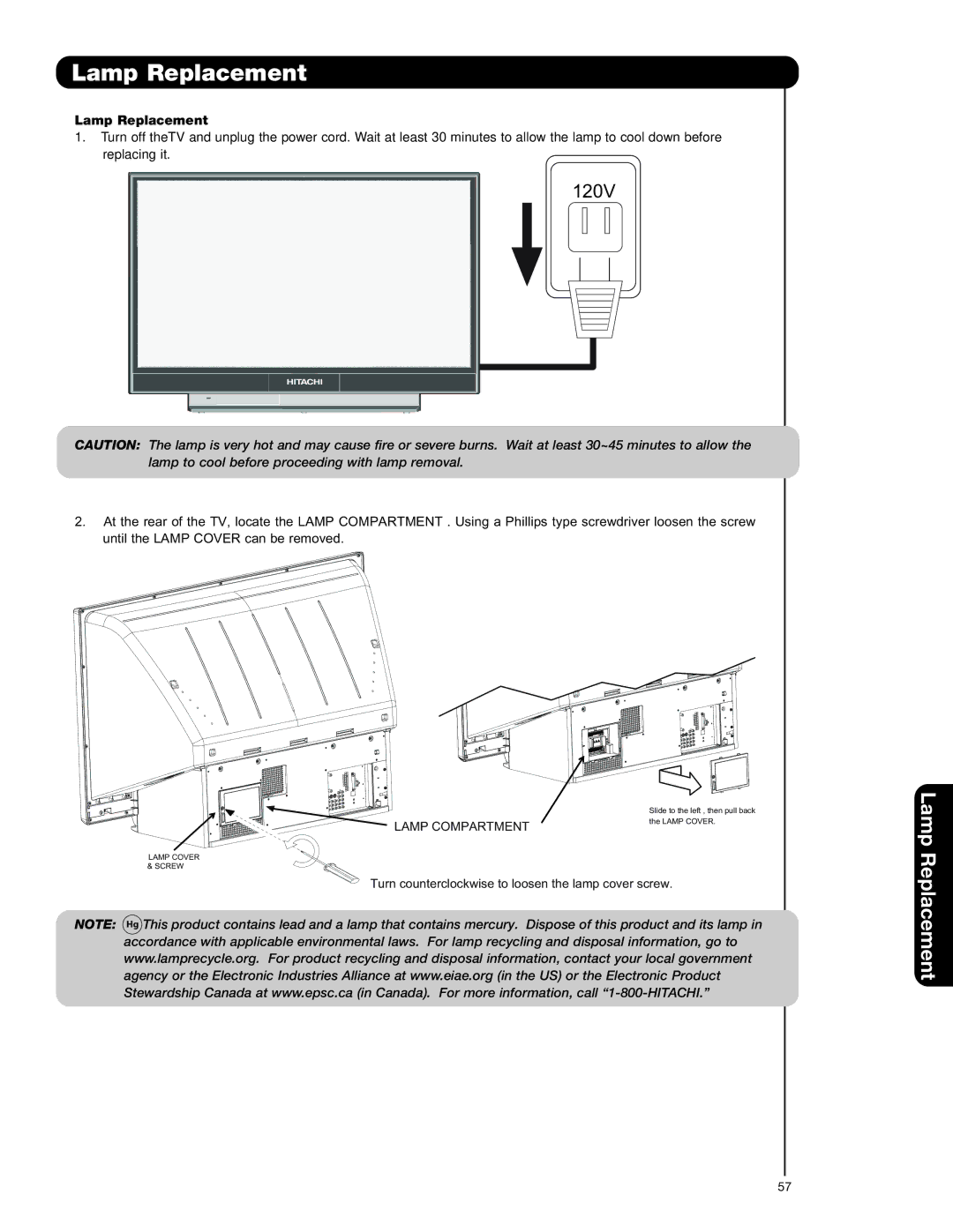 Hitachi 50VS69A 55VS69A important safety instructions 120V 