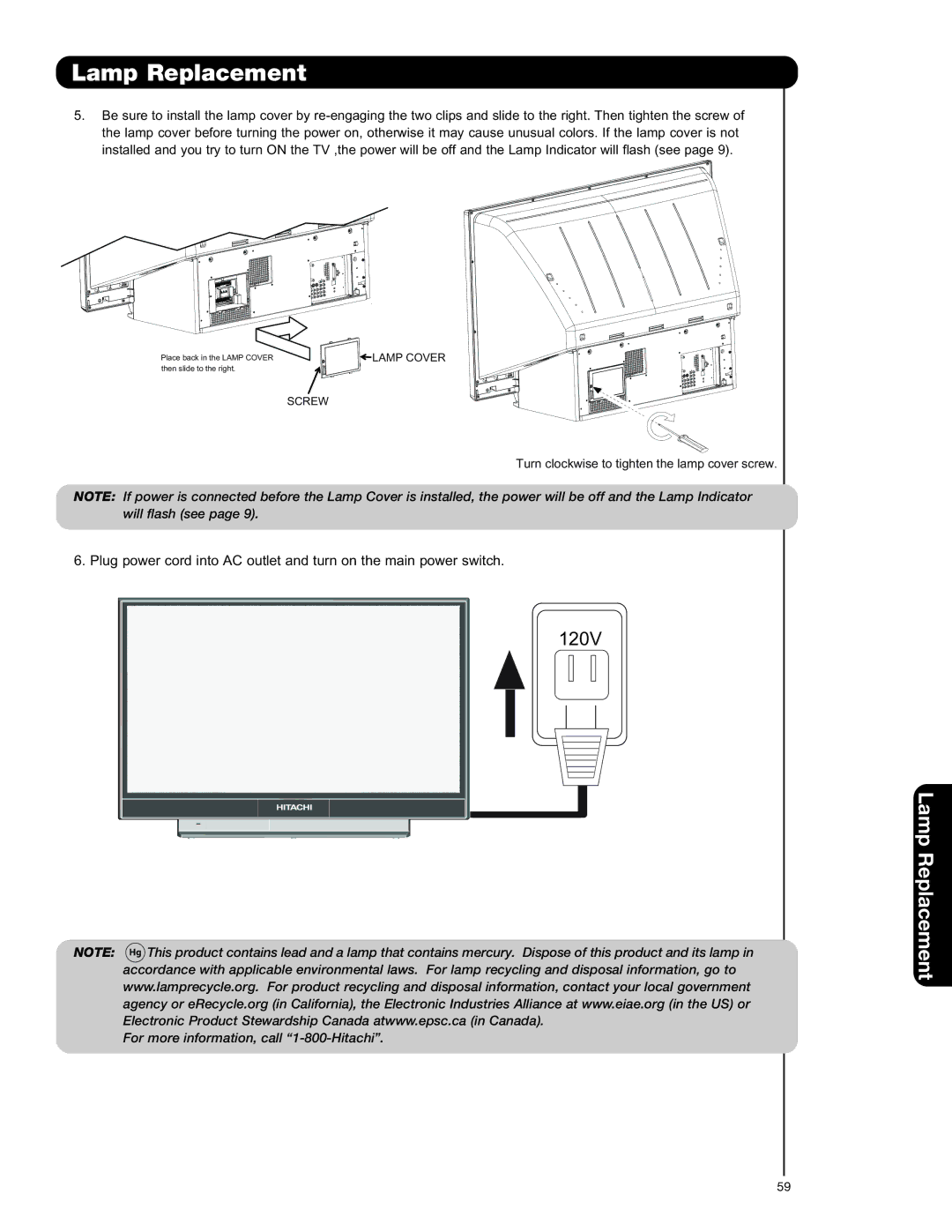 Hitachi 50VS69A 55VS69A important safety instructions Turn clockwise to tighten the lamp cover screw 