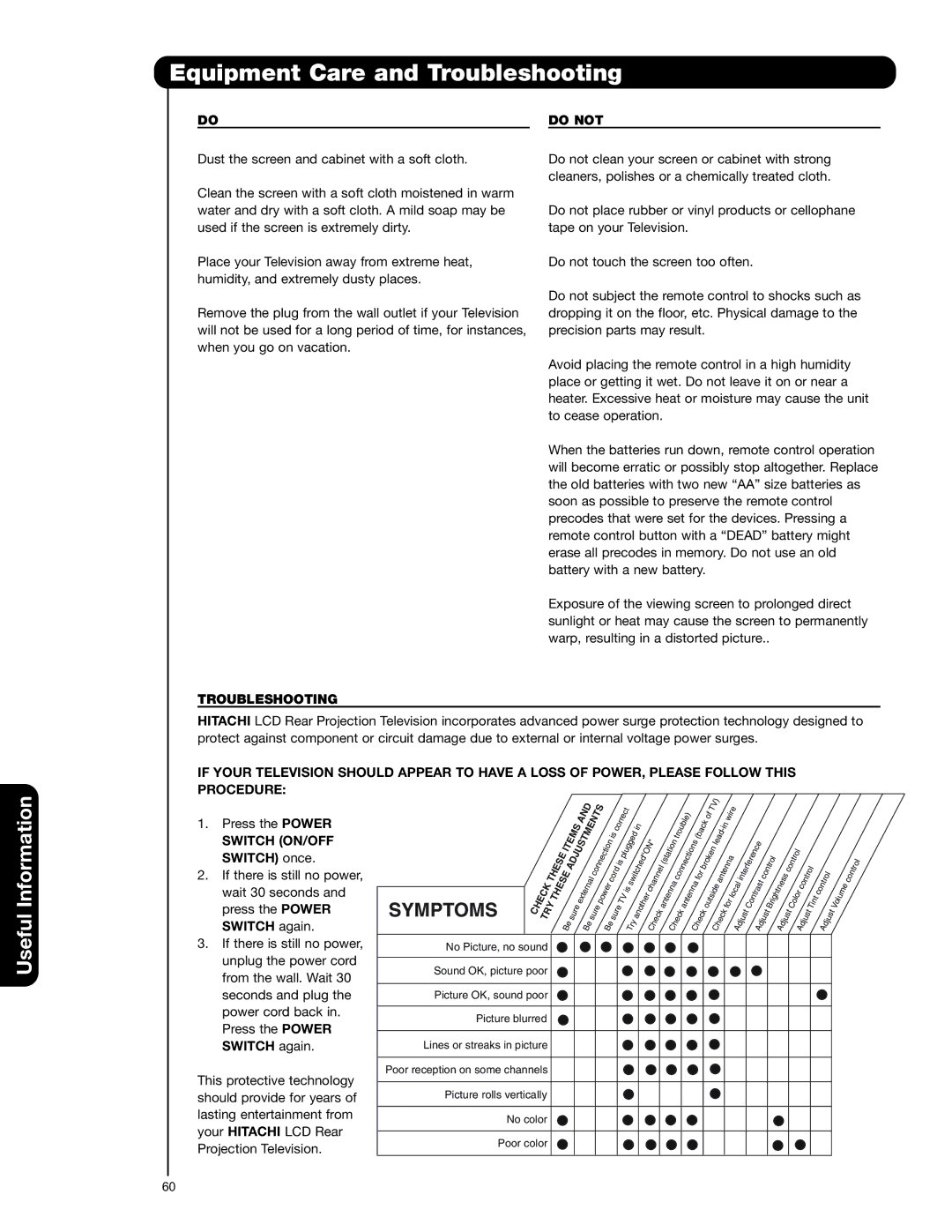 Hitachi 50VS69A 55VS69A Equipment Care and Troubleshooting, Information, Do not, Switch ON/OFF 