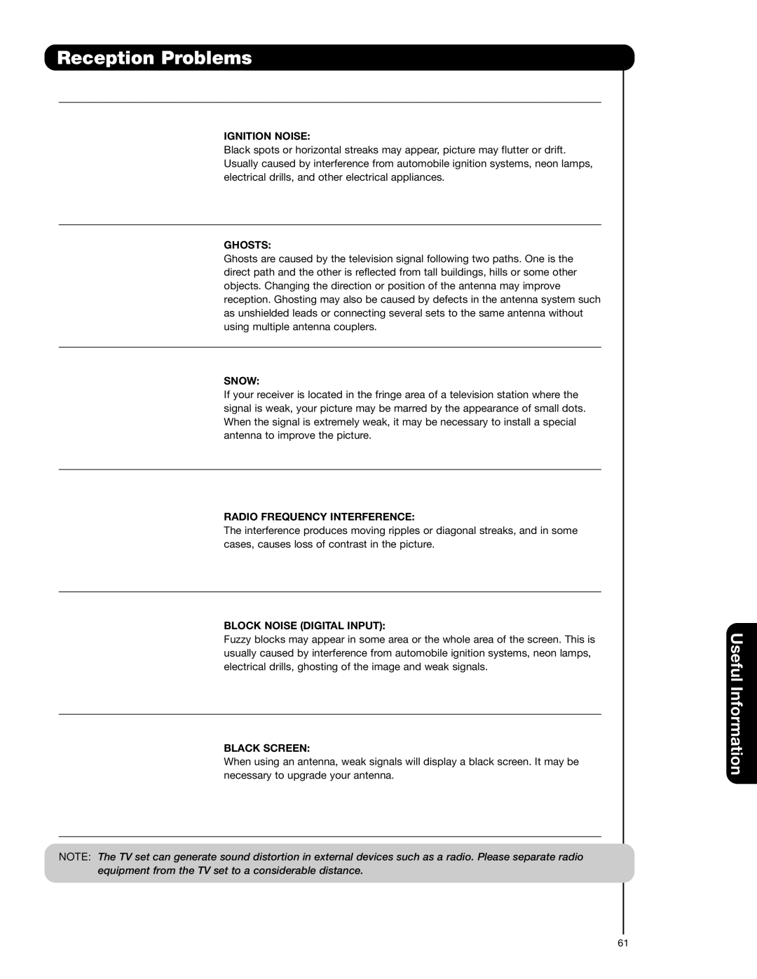 Hitachi 50VS69A 55VS69A important safety instructions Reception Problems, Useful Information 