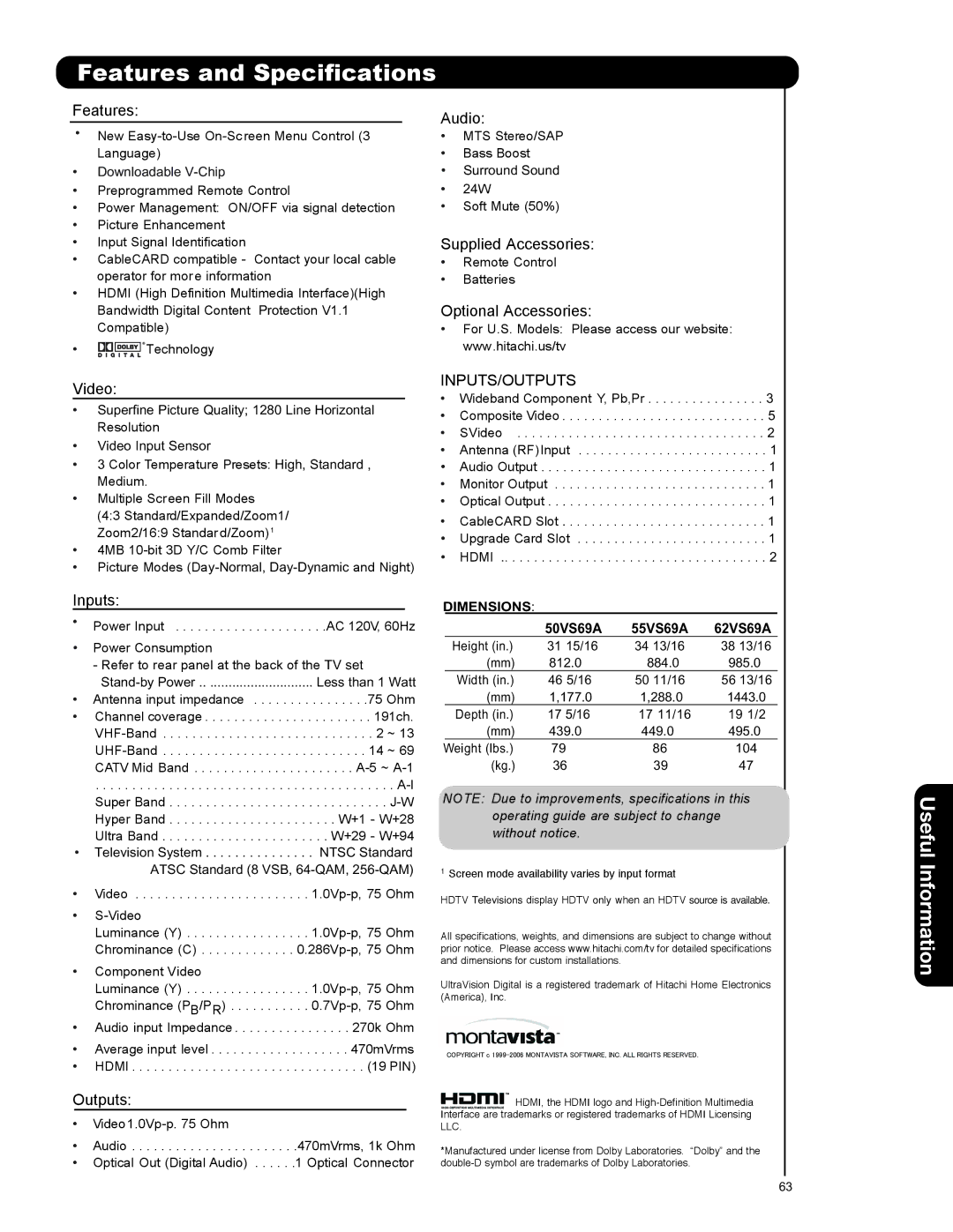 Hitachi 50VS69A 55VS69A important safety instructions Features and Specifications, Dimensions, 55VS69A 62VS69A 