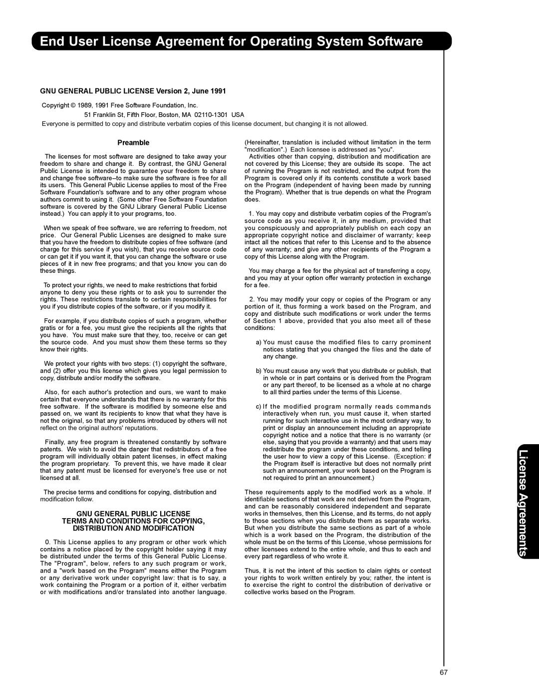 Hitachi 50VS69A 55VS69A important safety instructions End User License Agreement for Operating System Software, Preamble 