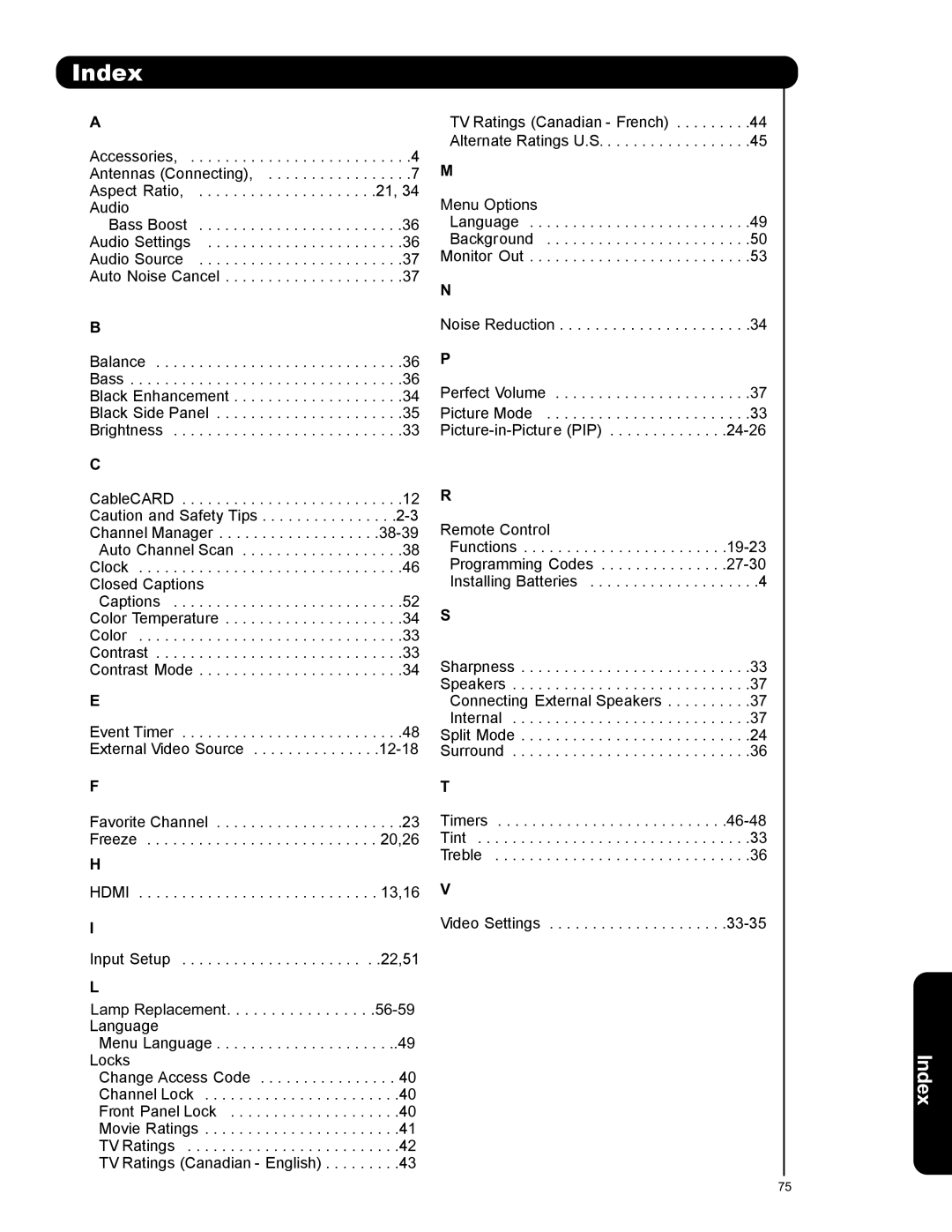 Hitachi 50VS69A 55VS69A important safety instructions Index 