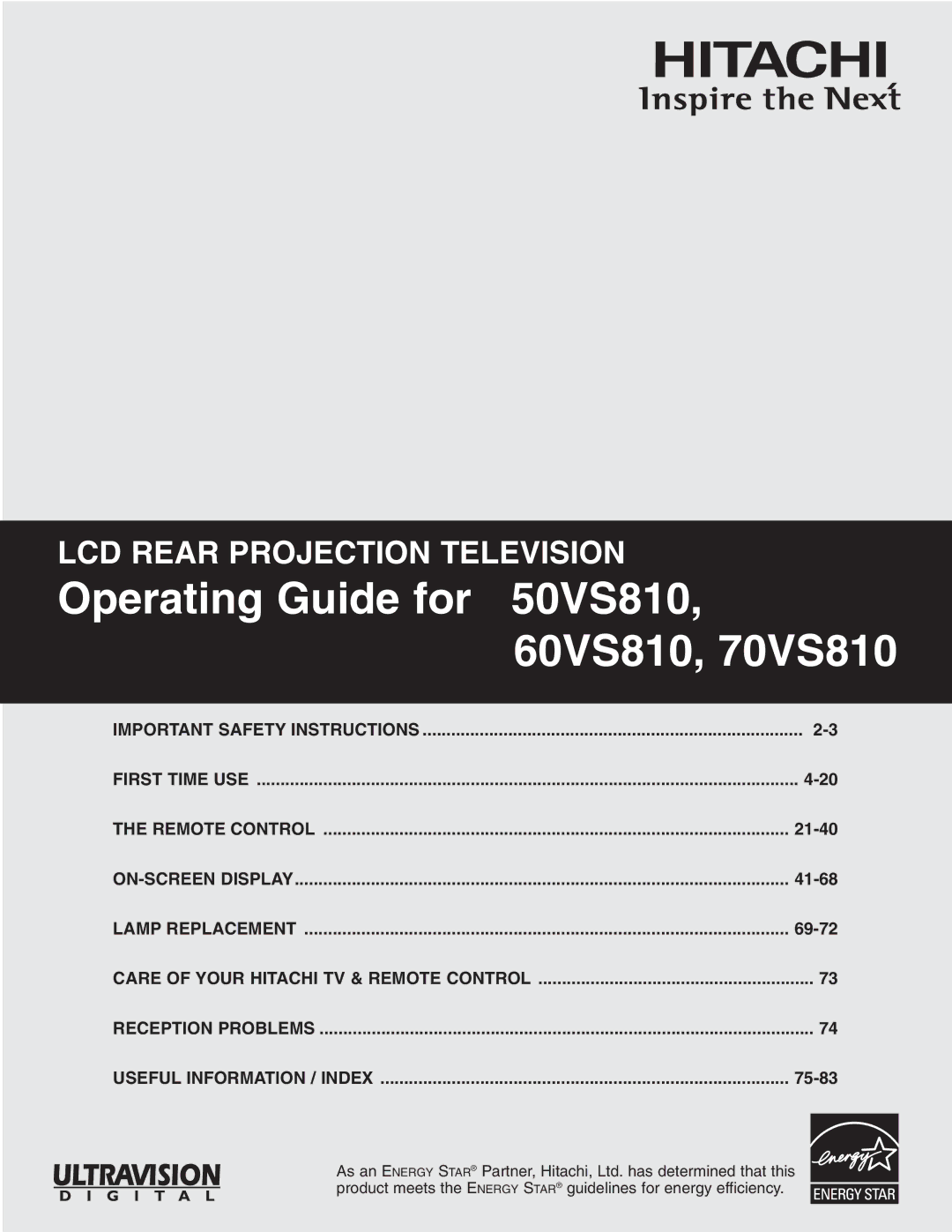 Hitachi important safety instructions Operating Guide for 50VS810 