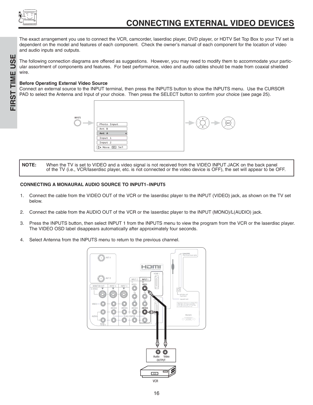 Hitachi 50VS810 important safety instructions Connecting External Video Devices, Before Operating External Video Source 