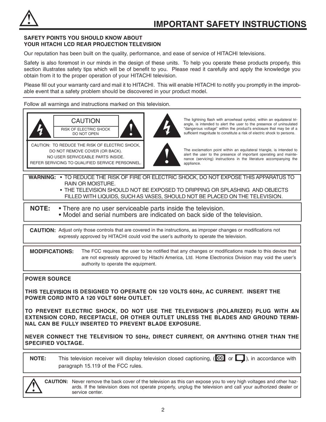 Hitachi 50VS810 important safety instructions Important Safety Instructions, Refer Servicing to Qualified Service Personnel 