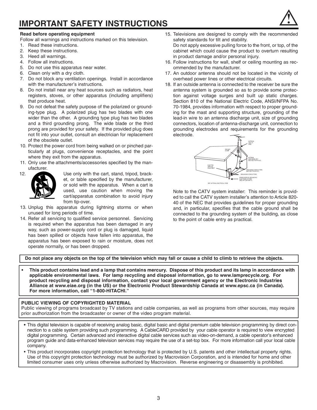 Hitachi 50VS810 important safety instructions Read before operating equipment, Public Viewing of Copyrighted Material 