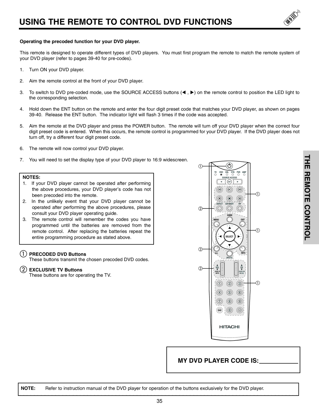 Hitachi 50VS810 Using the Remote to Control DVD Functions, Operating the precoded function for your DVD player 