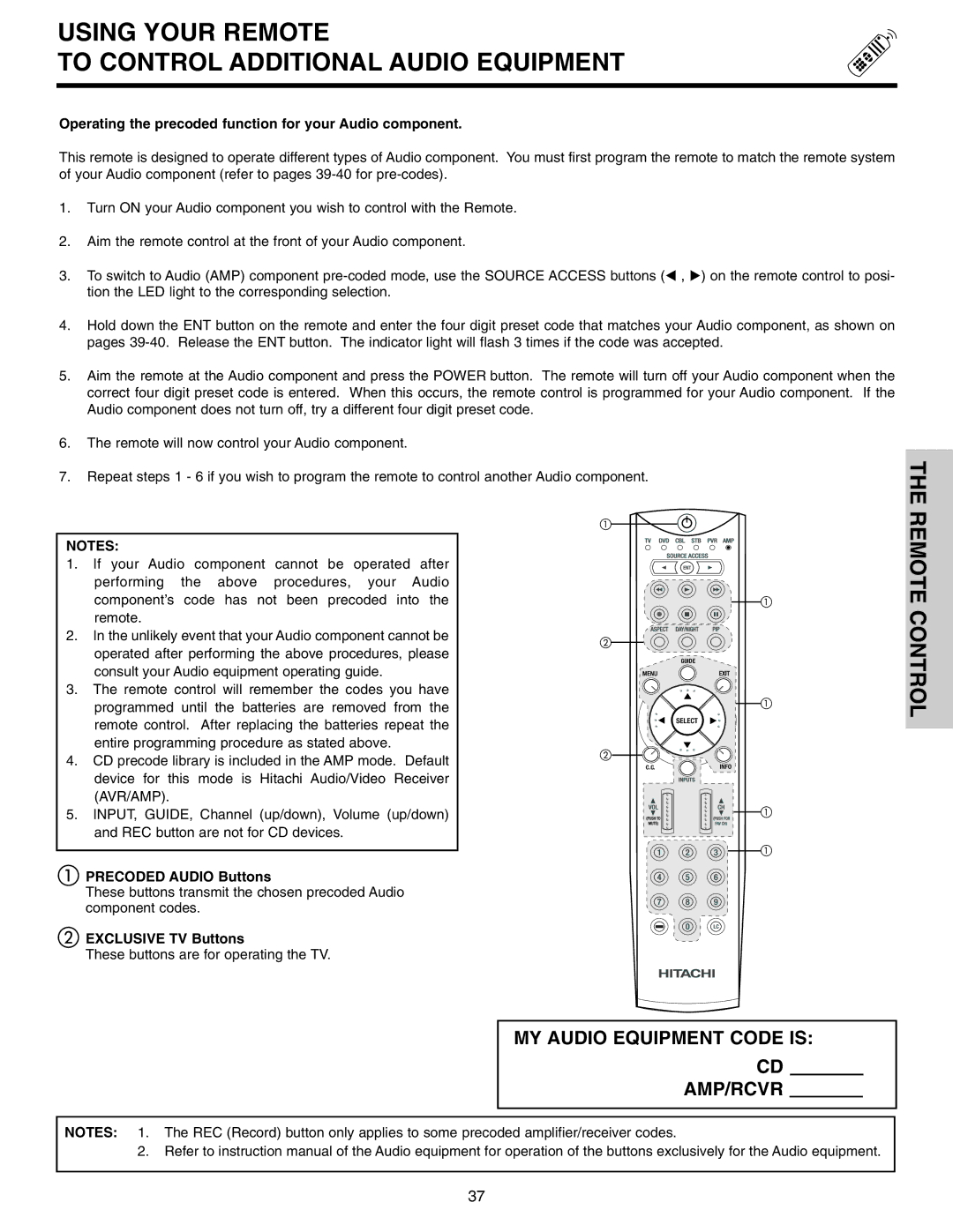 Hitachi 50VS810 Using Your Remote To Control Additional Audio Equipment, Precoded Audio Buttons 