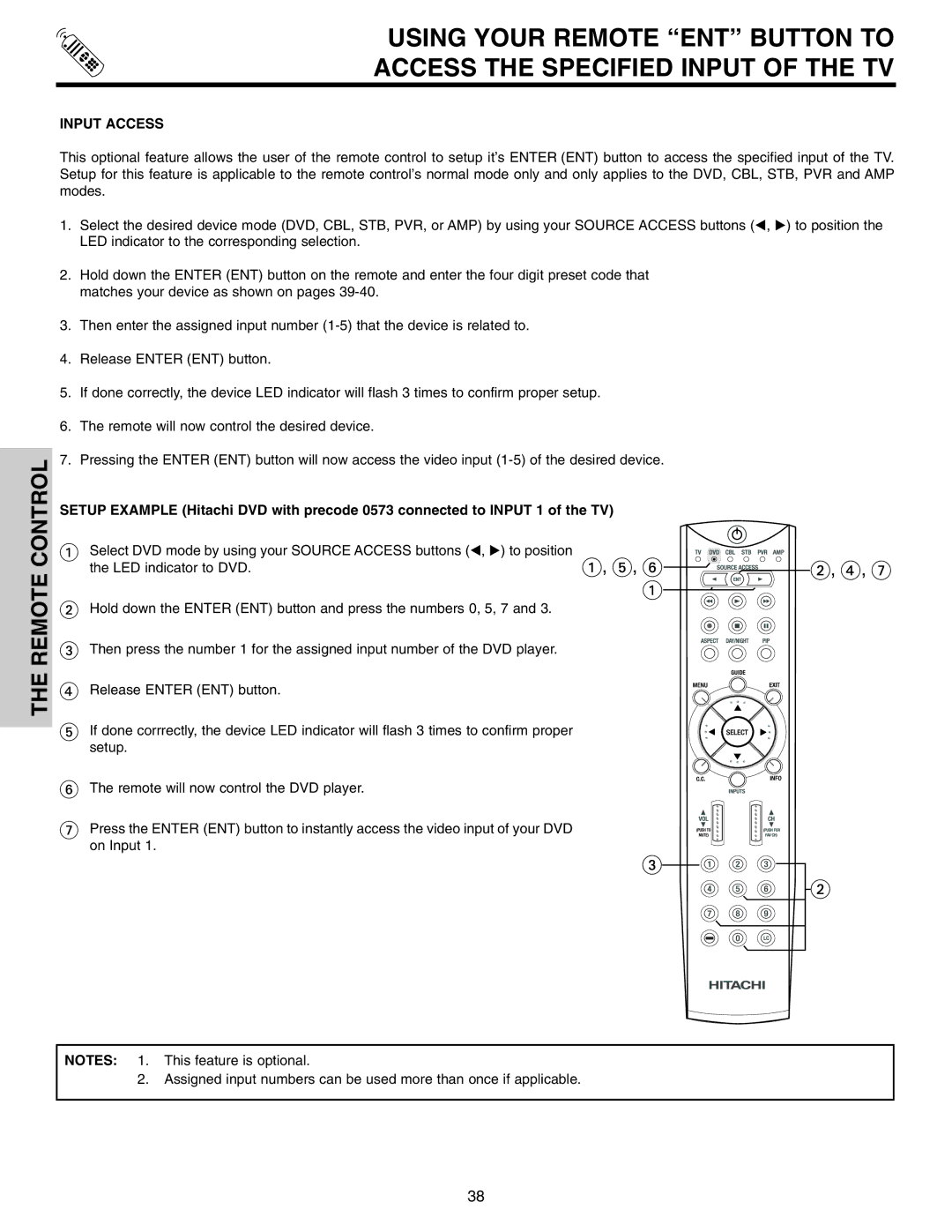 Hitachi 50VS810 important safety instructions Control, Input Access 