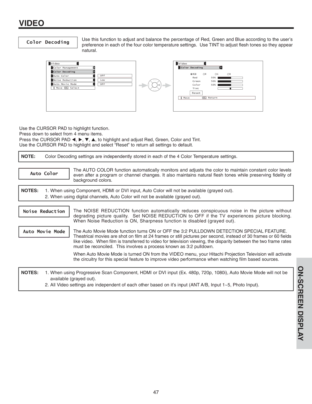 Hitachi 50VS810 important safety instructions Color Decoding, Auto Color, Noise Reduction Auto Movie Mode 