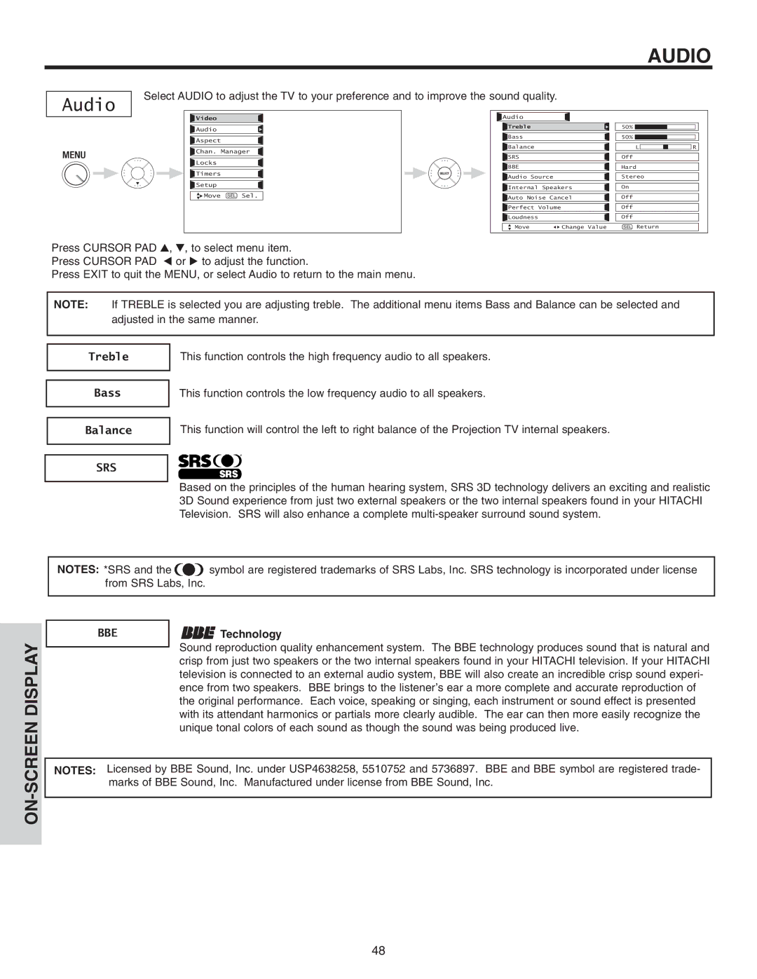 Hitachi 50VS810 important safety instructions Audio, Treble Bass Balance, Technology 