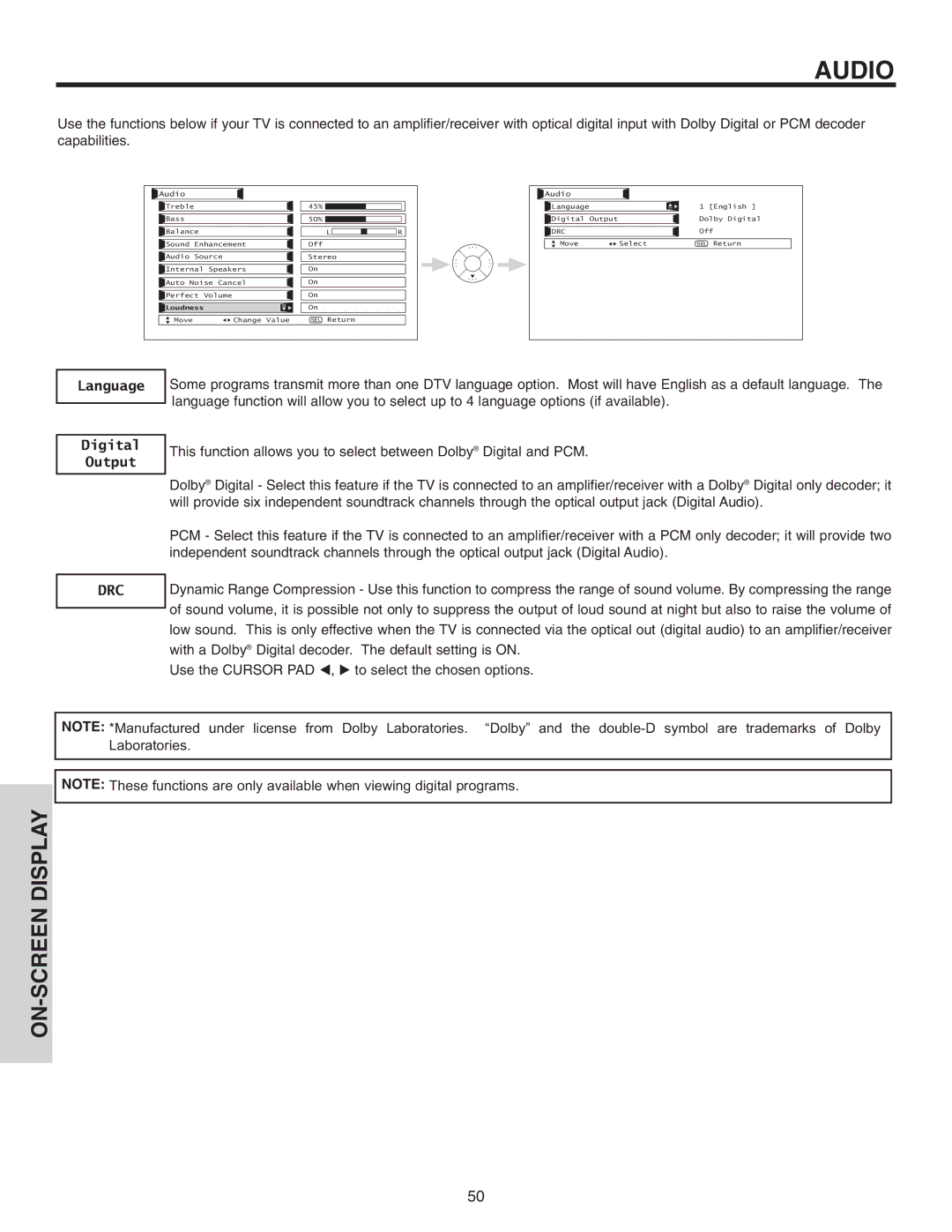 Hitachi 50VS810 important safety instructions Language Digital Output, Audio 