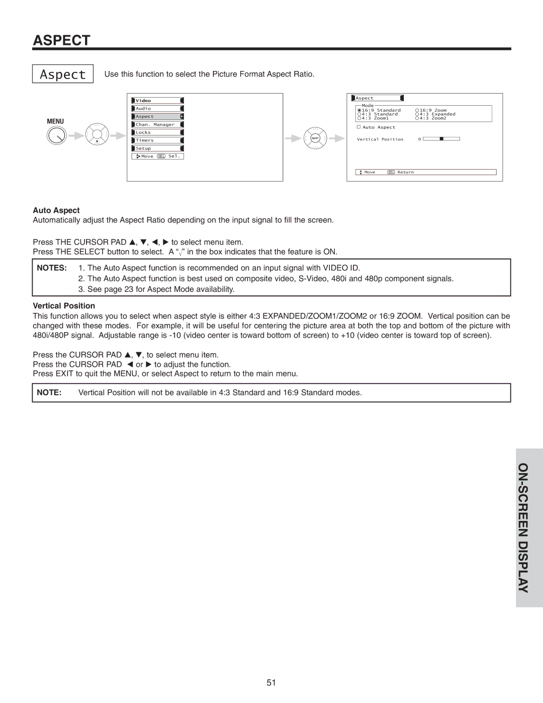 Hitachi 50VS810 important safety instructions Auto Aspect, Vertical Position 