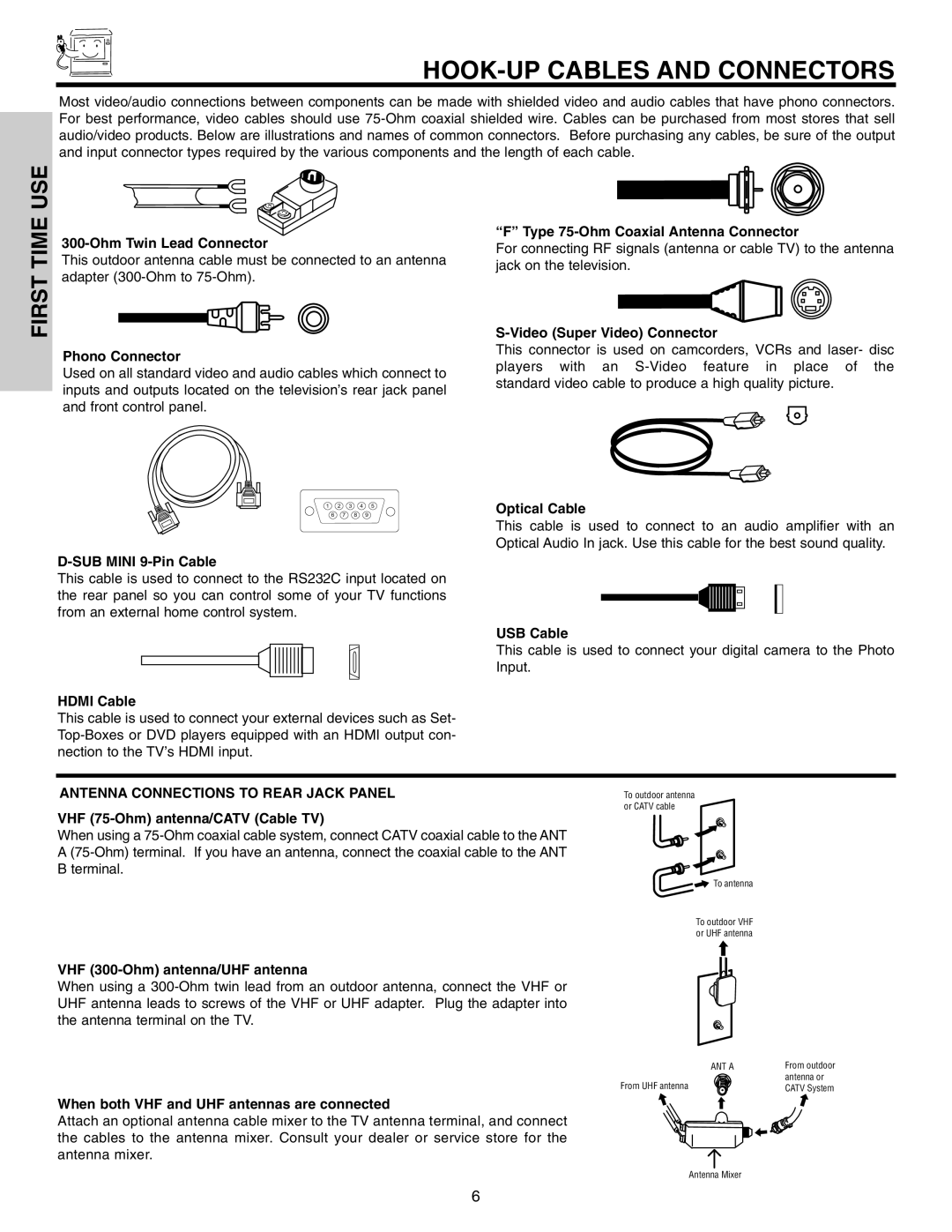 Hitachi 50VS810 important safety instructions HOOK-UP Cables and Connectors, Antenna Connections to Rear Jack Panel 