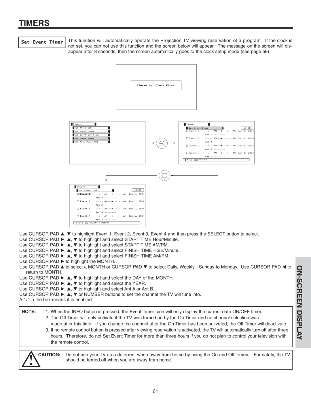 Hitachi 50VS810 important safety instructions Set Event Timer, Please Set Clock First 