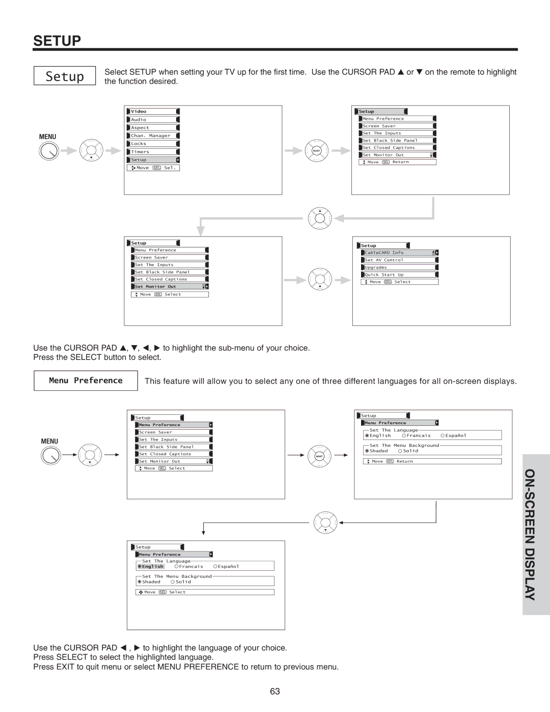 Hitachi 50VS810 important safety instructions Setup, Menu Preference 