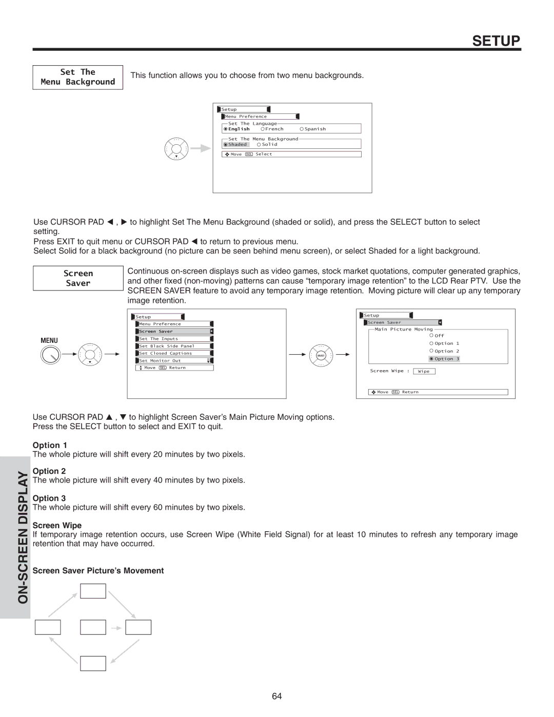 Hitachi 50VS810 important safety instructions Set Menu Background, Option, Screen Wipe, Screen Saver Picture’s Movement 