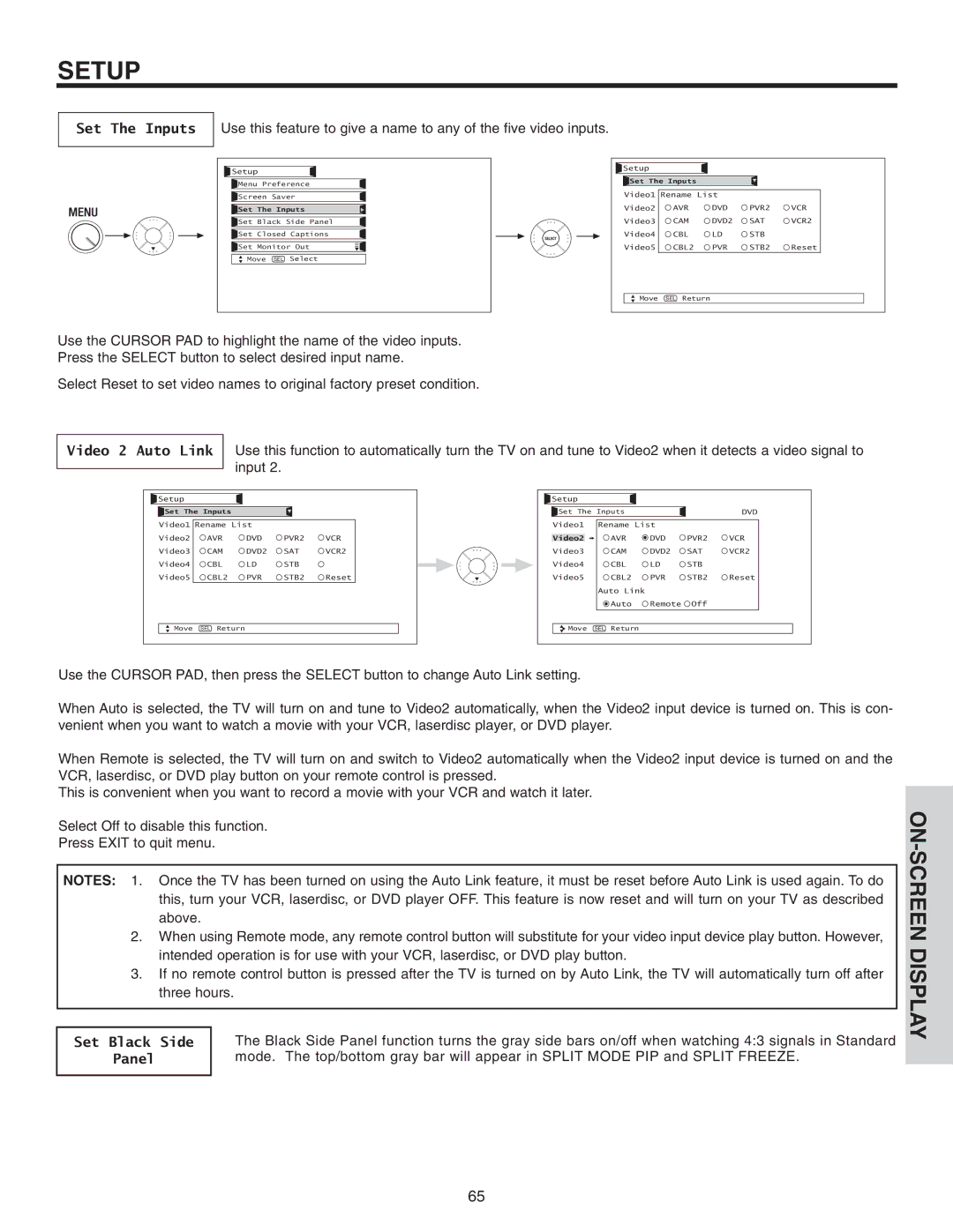 Hitachi 50VS810 important safety instructions Set The Inputs, Set Black Side, Panel 