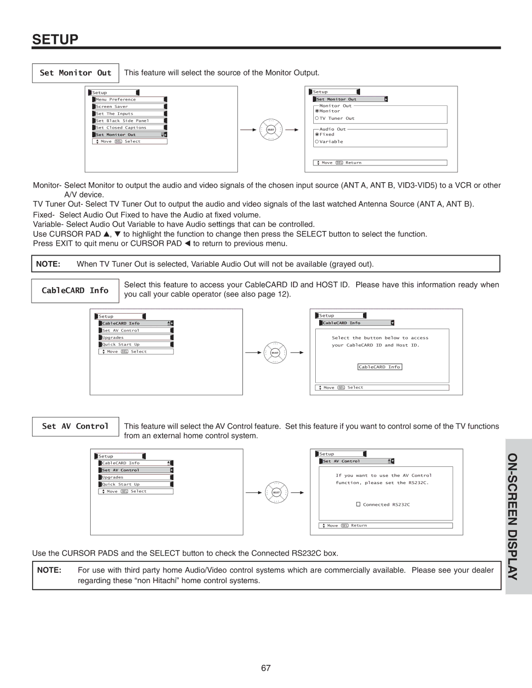 Hitachi 50VS810 important safety instructions Set Monitor Out, CableCARD Info, Set AV Control 