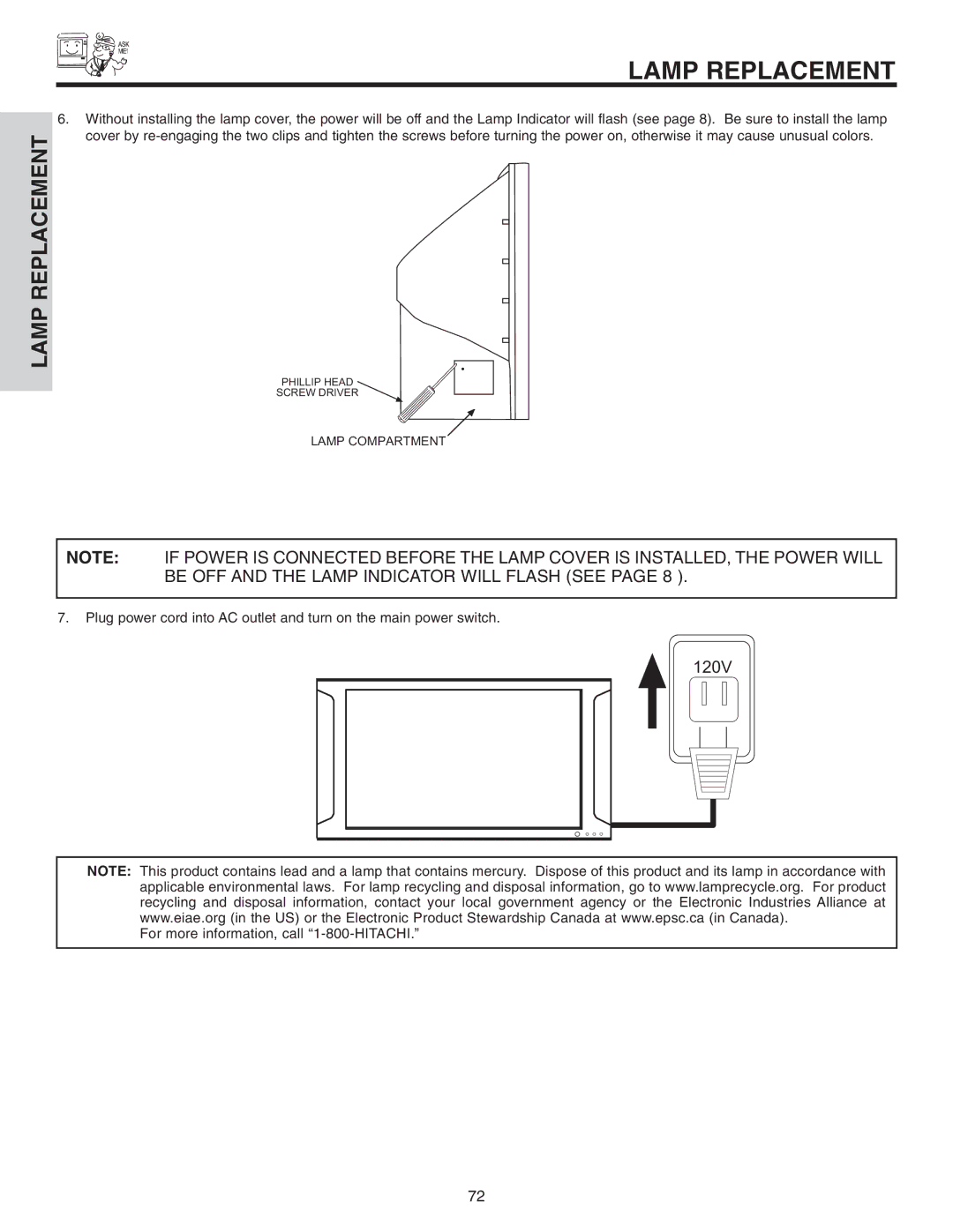 Hitachi 50VS810 important safety instructions 120V 