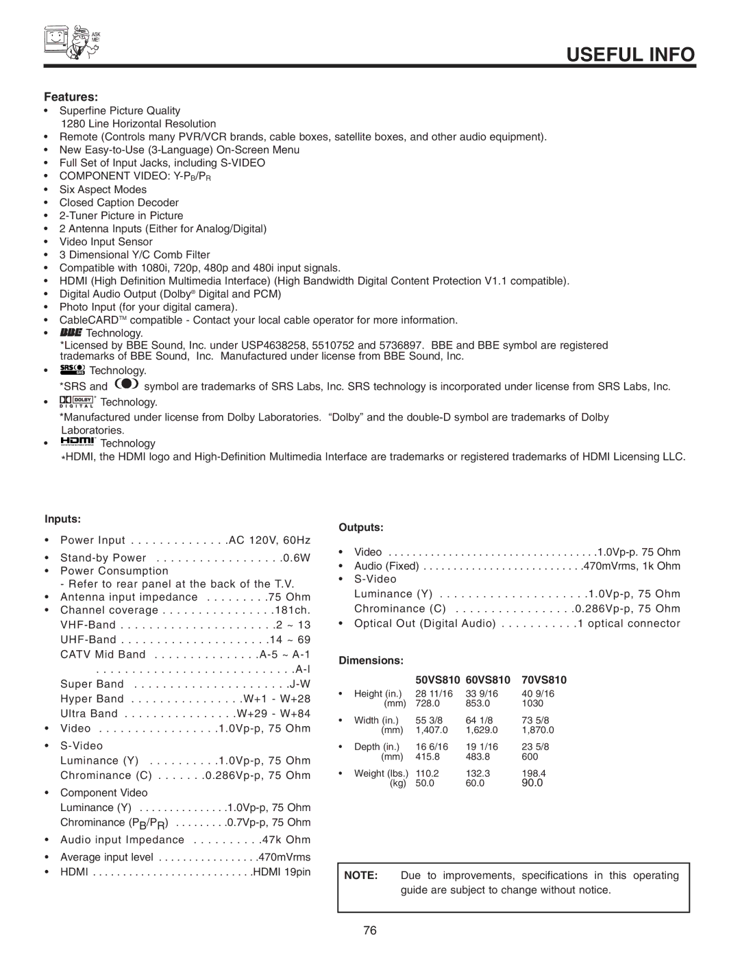 Hitachi important safety instructions Inputs, Outputs, Dimensions 50VS810 60VS810 