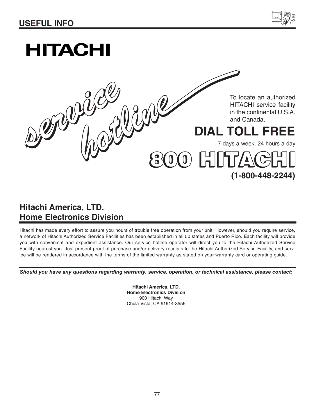 Hitachi 50VS810 important safety instructions Dial Toll Free, Home Electronics Division 