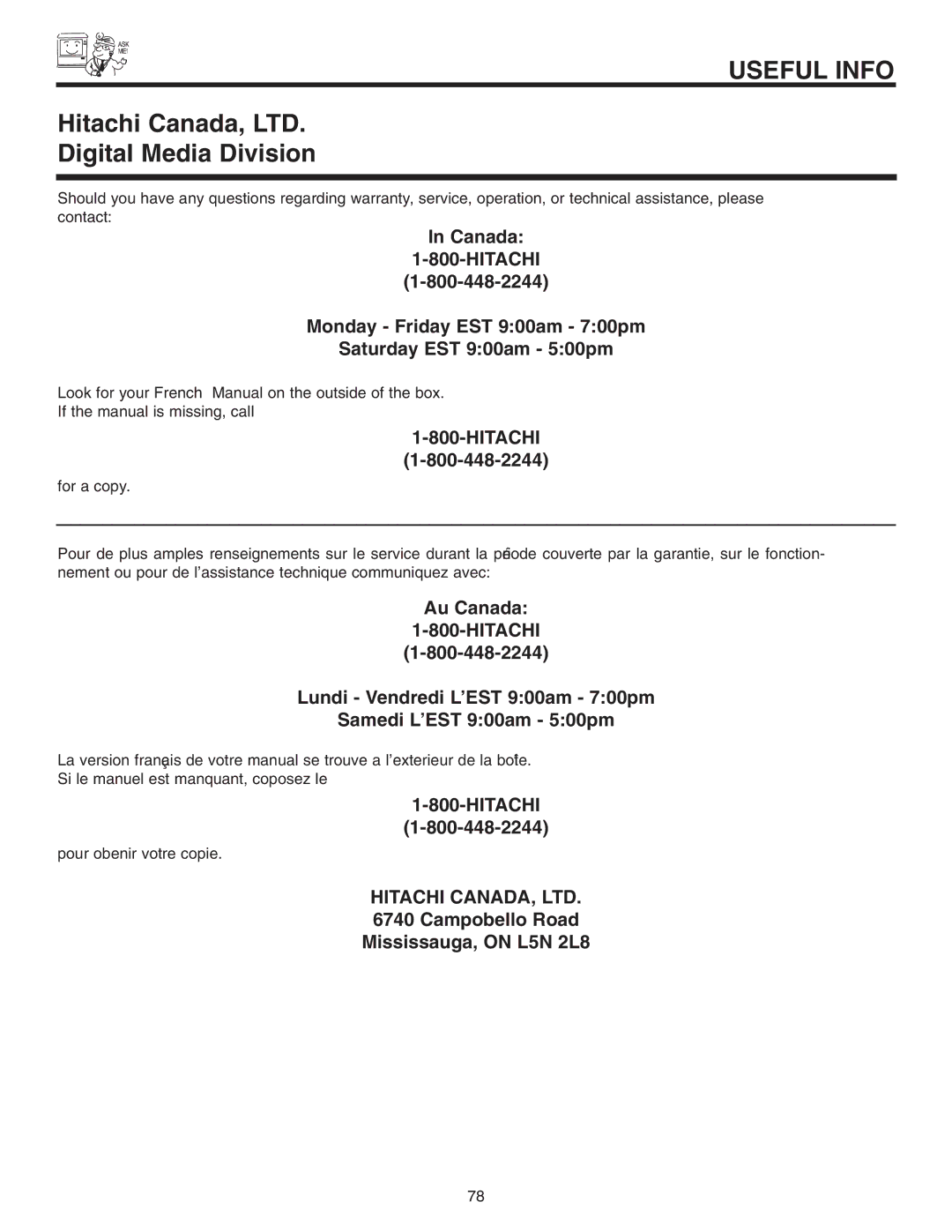 Hitachi 50VS810 important safety instructions Digital Media Division 