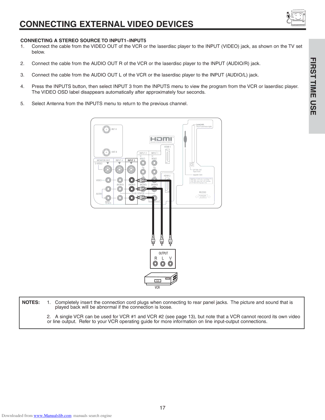 Hitachi 70VS810, 50VS810A, 60VS810A important safety instructions Connecting a Stereo Source to INPUT1~INPUT5, CableCARD 