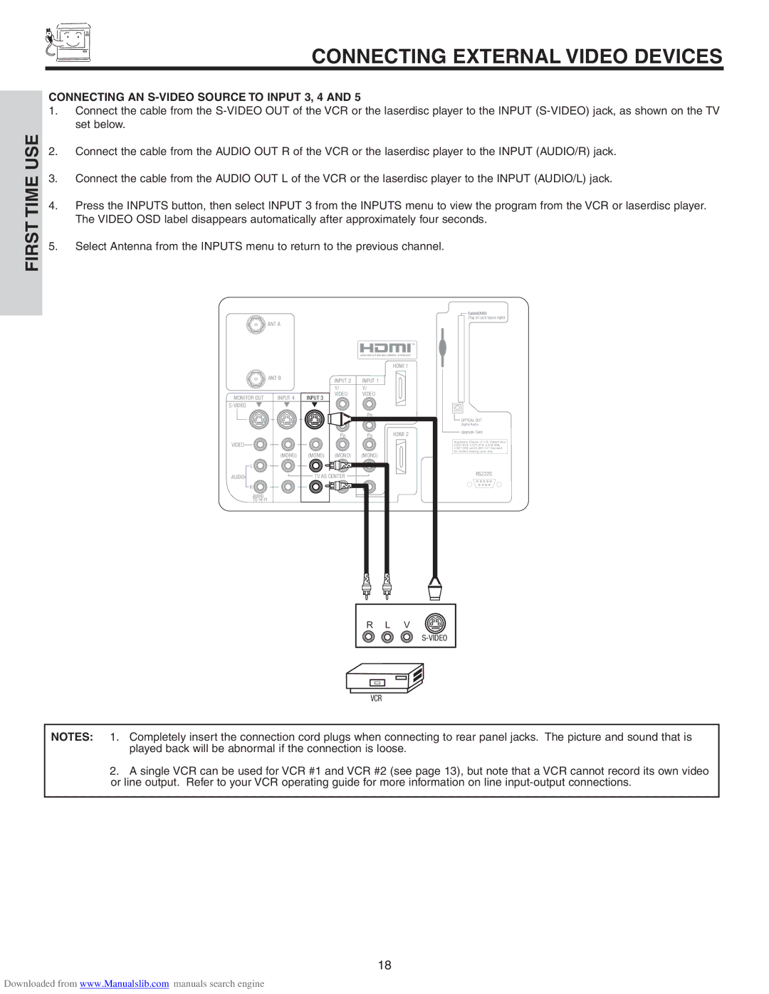 Hitachi 50VS810A, 70VS810, 60VS810A important safety instructions Connecting AN S-VIDEO Source to Input 3, 4, Vcr 