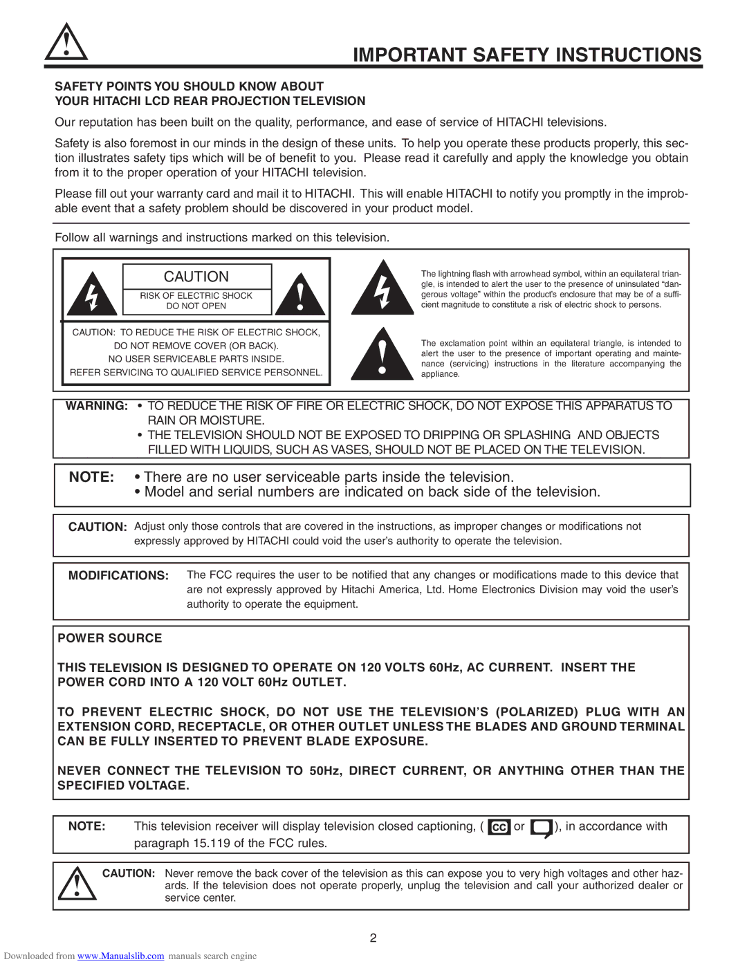 Hitachi 50VS810A, 70VS810, 60VS810A Important Safety Instructions, Refer Servicing to Qualified Service Personnel 