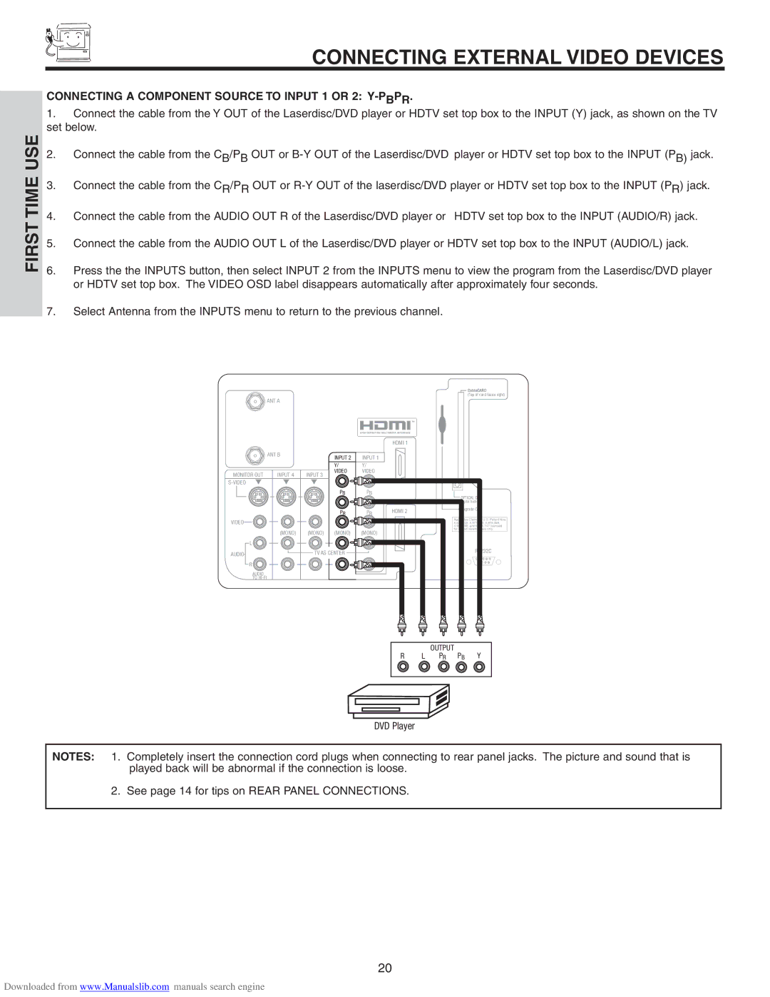 Hitachi 50VS810A, 70VS810, 60VS810A important safety instructions Connecting a Component Source to Input 1 or 2 Y-PBPR 