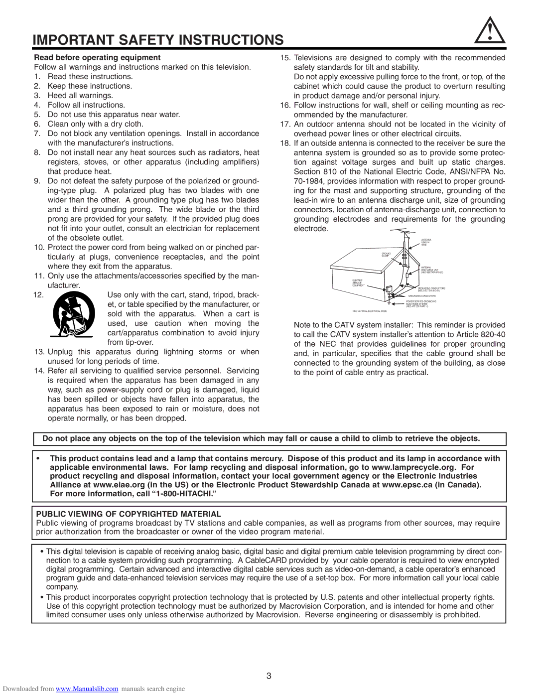 Hitachi 60VS810A, 50VS810A, 70VS810 Read before operating equipment, Public Viewing of Copyrighted Material 