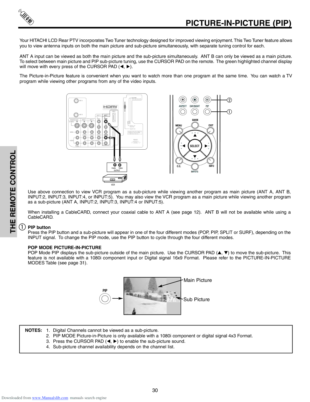 Hitachi 50VS810A, 70VS810, 60VS810A Picture-In-Picture Pip, PIP button, POP Mode PICTURE-IN-PICTURE 