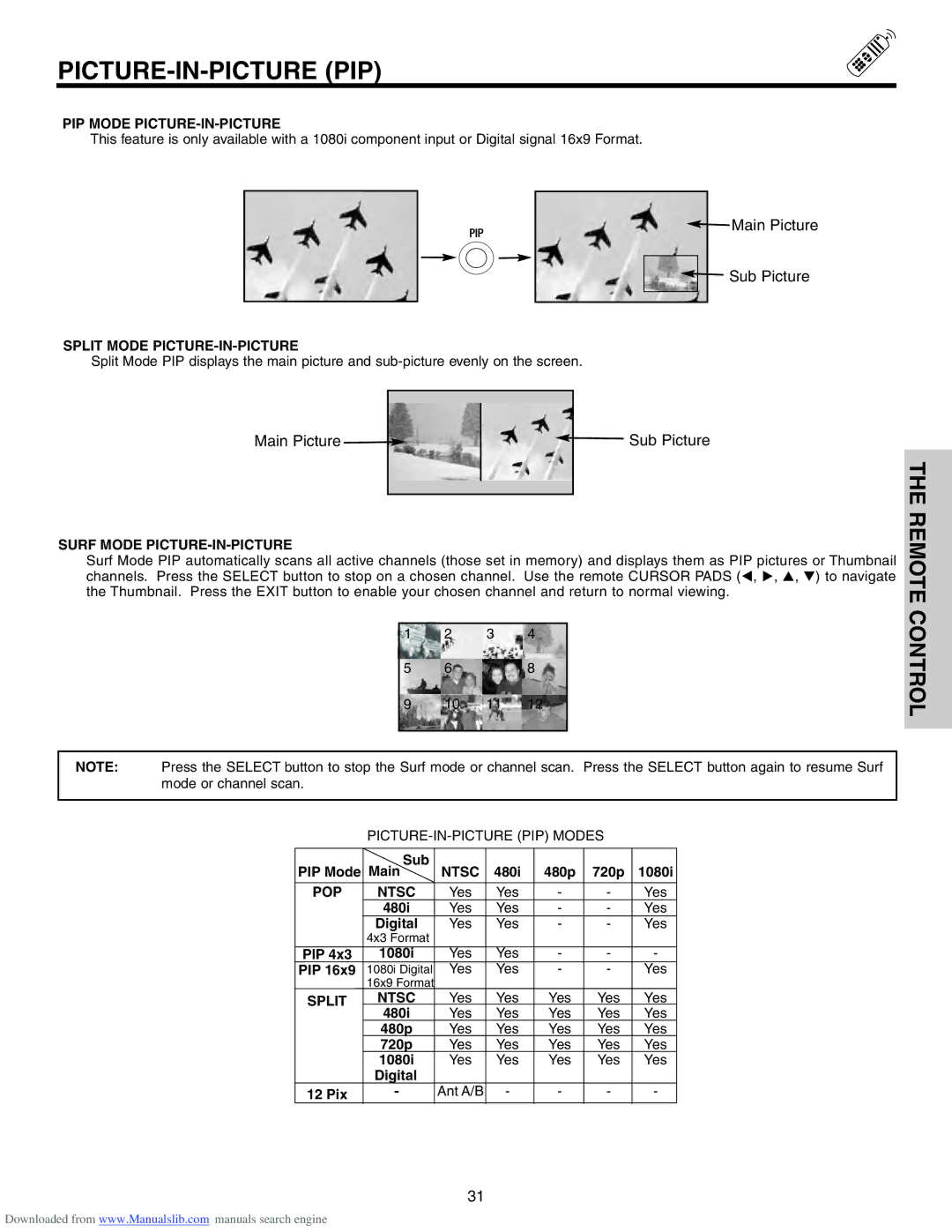 Hitachi 60VS810A PIP Mode PICTURE-IN-PICTURE, Split Mode PICTURE-IN-PICTURE, Surf Mode PICTURE-IN-PICTURE, POP Ntsc 