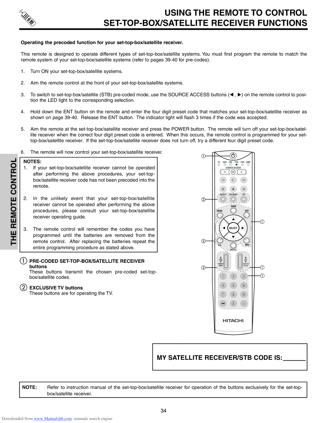 Hitachi 50VS810A, 70VS810, 60VS810A important safety instructions PRE-CODED SET-TOP-BOX/SATELLITE Receiver buttons 