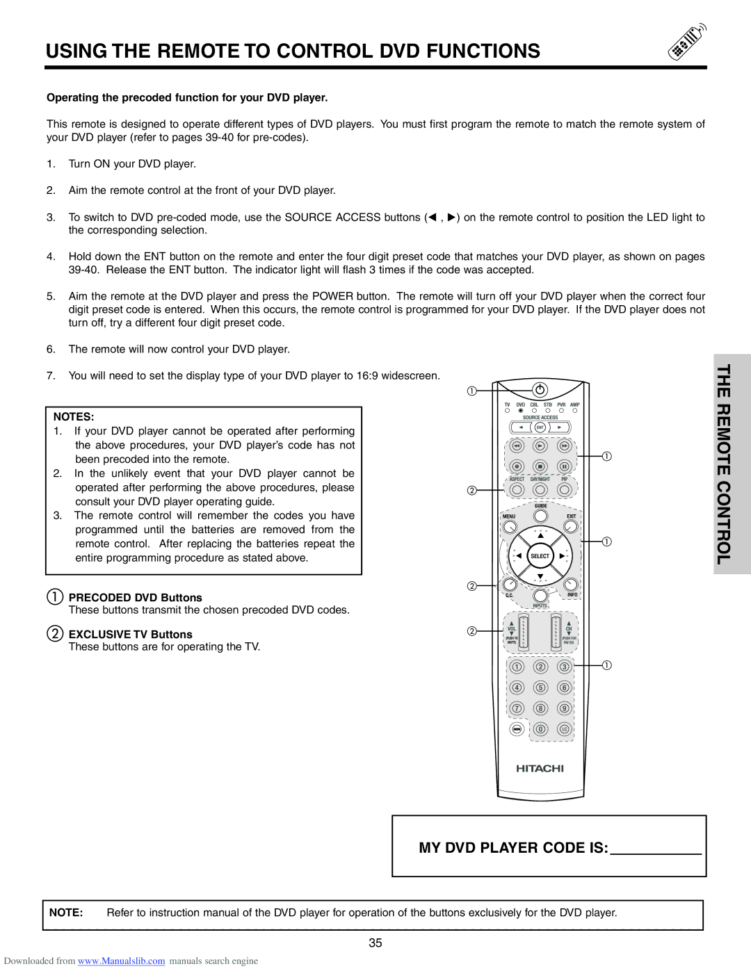 Hitachi 60VS810A, 50VS810A Using the Remote to Control DVD Functions, Operating the precoded function for your DVD player 