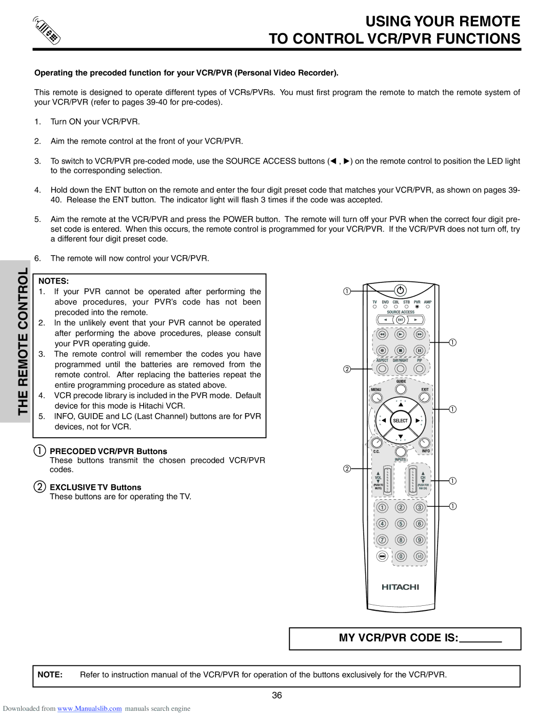 Hitachi 50VS810A, 70VS810, 60VS810A Using Your Remote To Control VCR/PVR Functions, Precoded VCR/PVR Buttons 