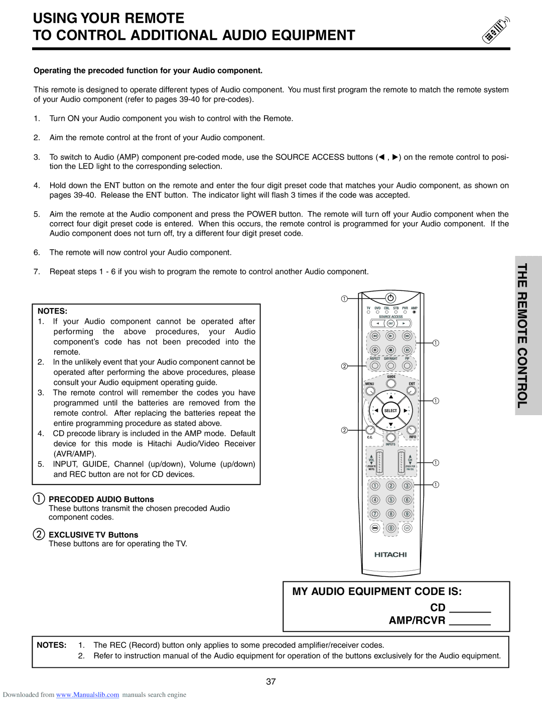 Hitachi 70VS810, 50VS810A, 60VS810A Using Your Remote To Control Additional Audio Equipment, Precoded Audio Buttons 