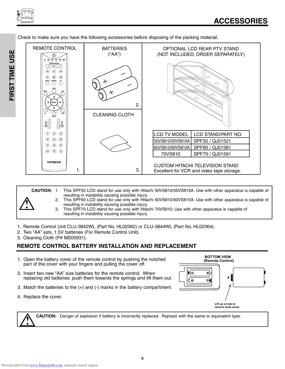 Hitachi 50VS810A, 70VS810, 60VS810A important safety instructions Accessories, First 