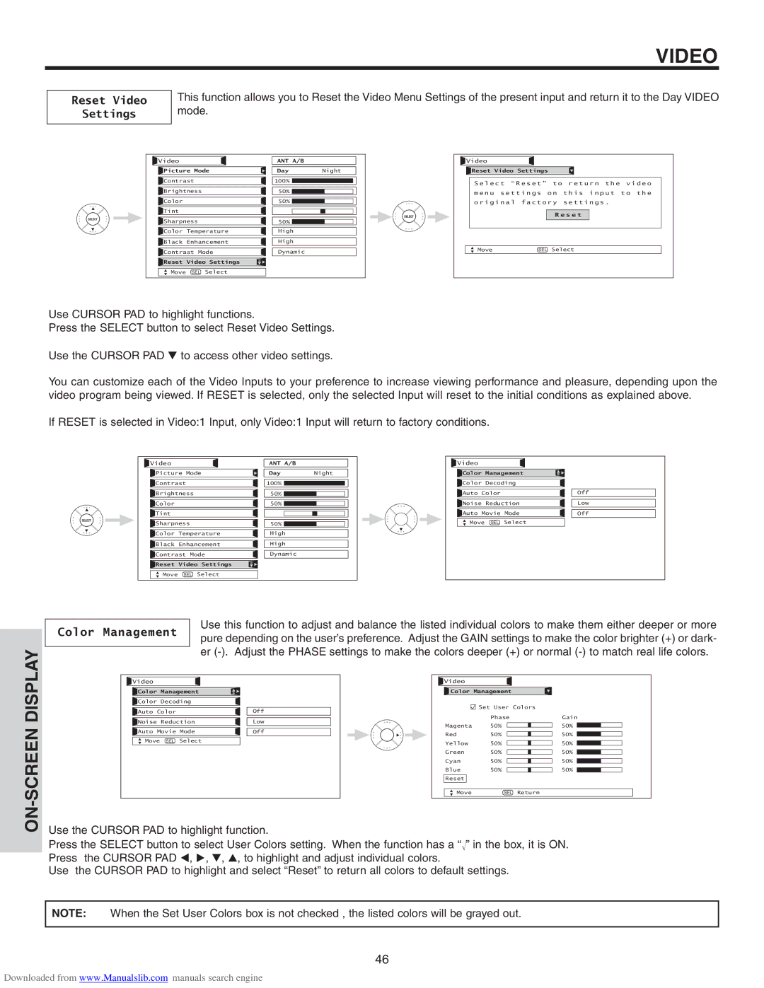 Hitachi 50VS810A, 70VS810, 60VS810A important safety instructions Reset Video Settings, Color Management 