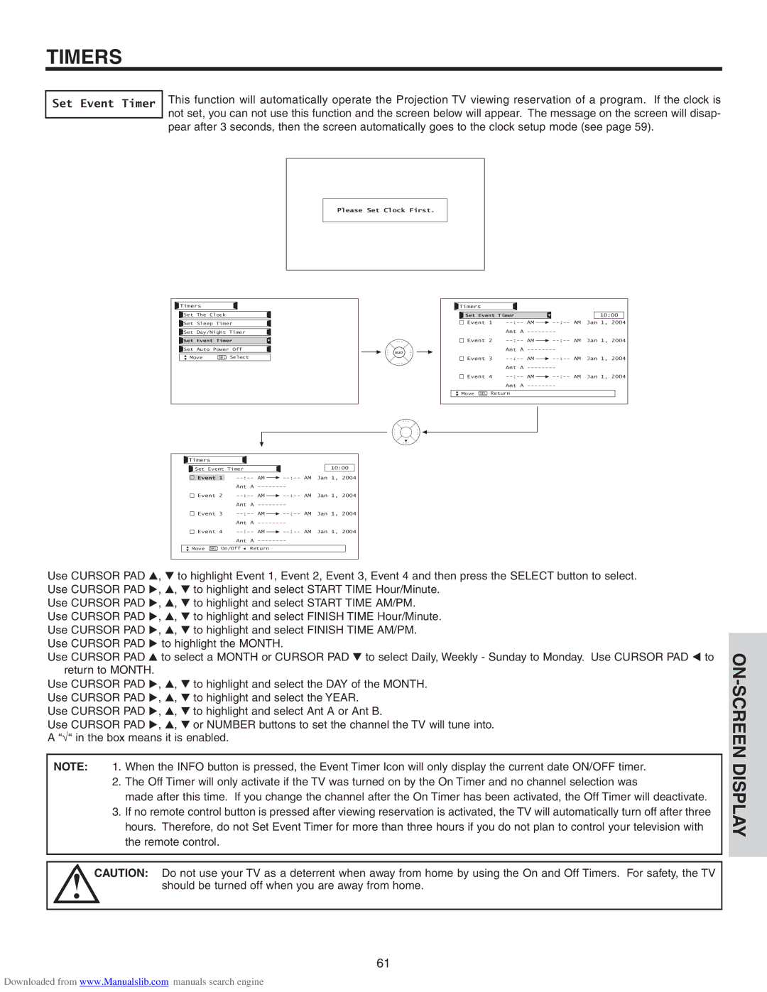 Hitachi 70VS810, 50VS810A, 60VS810A important safety instructions Set Event Timer, Please Set Clock First 