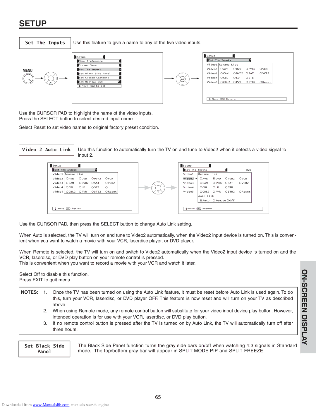 Hitachi 70VS810, 50VS810A, 60VS810A important safety instructions Set The Inputs, Set Black Side, Panel 