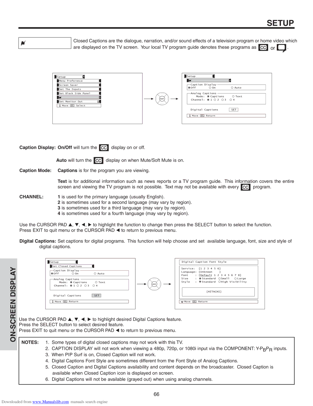 Hitachi 50VS810A, 70VS810, 60VS810A important safety instructions Set Closed Caption, Caption Mode, Channel 