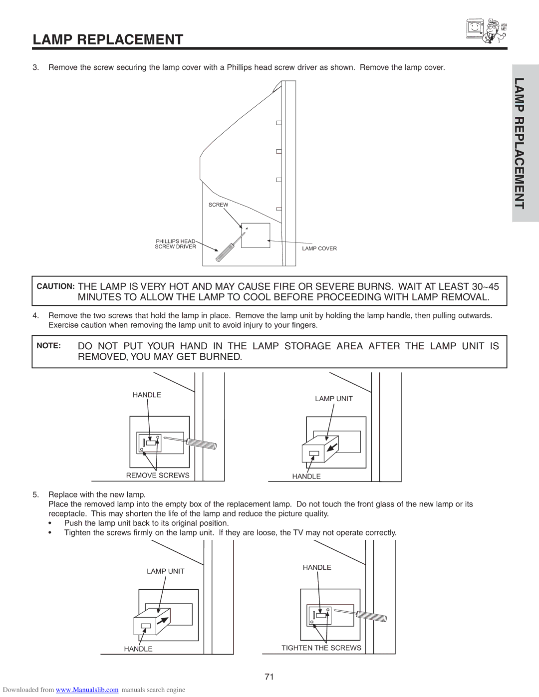 Hitachi 60VS810A, 50VS810A, 70VS810 important safety instructions Handle Remove Screws Lamp Unit 